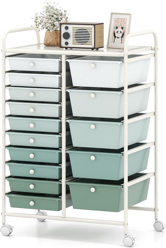 HAPPYGRILL 15-Drawer Rolling Cart, Storage Carts with Removable Drawers & Steel Frame, Utility Cart on Lockable Wheels for Home, School, Office, Macaroon, Gradient Green