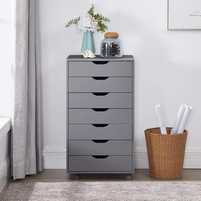 Naomi Home 7-Drawer Grey Dresser with Lockable Casters, Smooth Gliders, and Spacious Top - Sleek Storage for Bedroom or Office