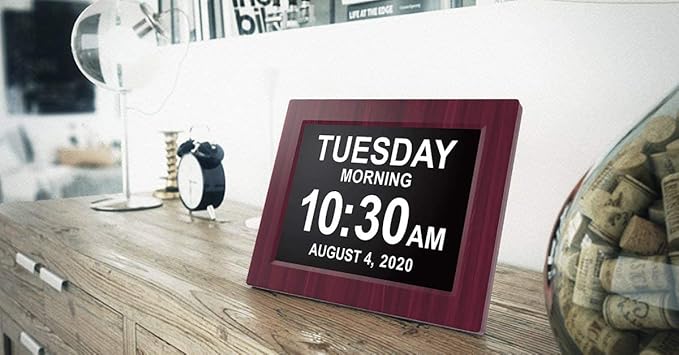 American Lifetime, New Version, Day Clock Extra Large Impaired Vision Digital Clock with Battery Backup and 5 Alarm Options, Premium Mahogany Color, 8 inch