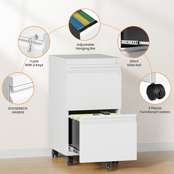 AFAIF 2 Drawer File Cabinet with Lock, Rolling File Cabinets for Home Office, Small Metal Filing Cabinet Office Drawers Under Desk for Letters/Legal/A4 Size, Assembly Required