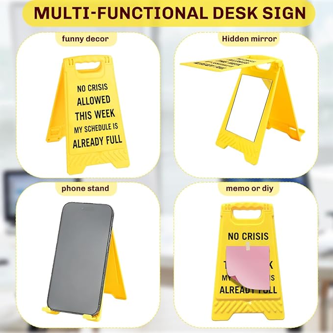 Funny Office Desk Accessories,(No Crisis Allowed This Week)Office Cubicle Decor,Desk Decor,Phone Holder Mirror Acrylic Table Signs， Team Gag Gifts for Coworker Employee Boss Lady Leader Director HR