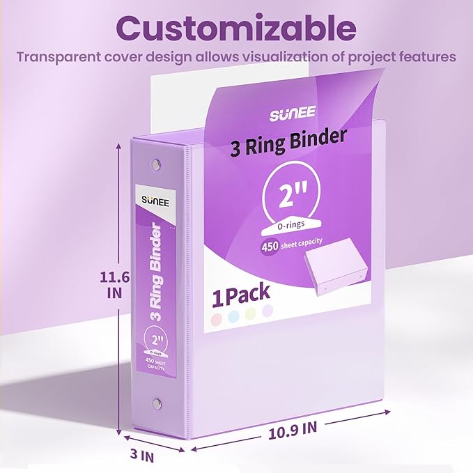 SUNEE 3 Ring Binder 2 Inch 1 Pack, Clear View Binder Three Ring PVC-Free (Fit 8.5x11 Inches) for School or Office Supplies, Purple