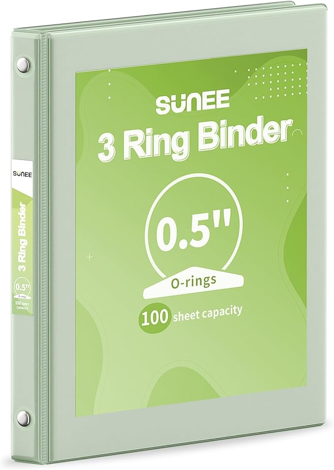SUNEE 1/2 inch Binder 3 Ring 1 Pack, Clear View Binder Three Ring PVC-Free (Fit 8.5x11 Inches) for School or Office Supplies, Sage Green
