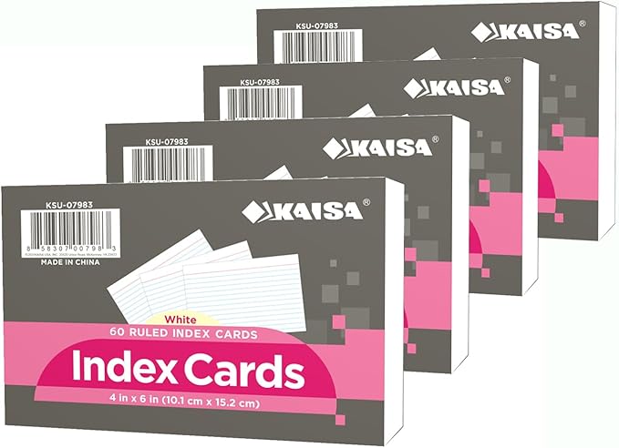 KAISA 4x6 Index Cards Flashcards 4"x6" Note Cards Ruled Index Card Lined Notecards, White 60 Sheet 4 Packs, KSU-07983