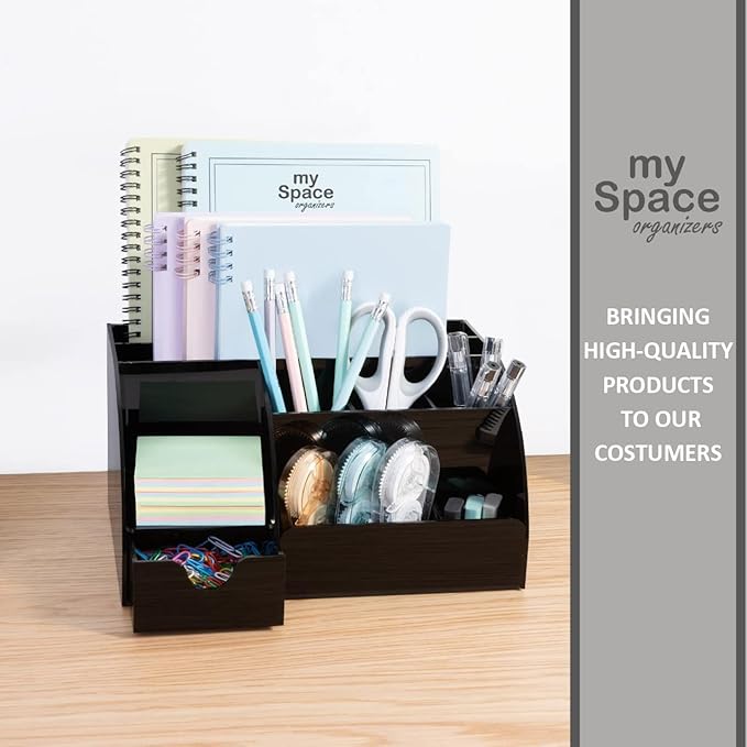 My Space Organizers Black Desk Organizer with 9 Compartments - Desktop Office Supplies and Desk Accessories Organizer