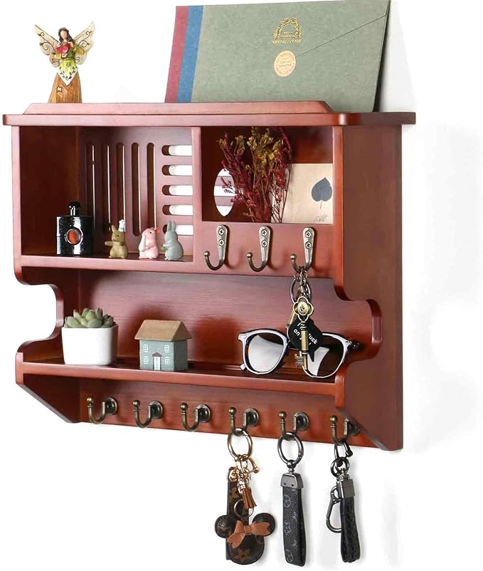 Mutsault Key Holder for Wall, Mail and Key Holder for Home Decor, Key and Mail Holder for Wall with Key Hooks, Auburn