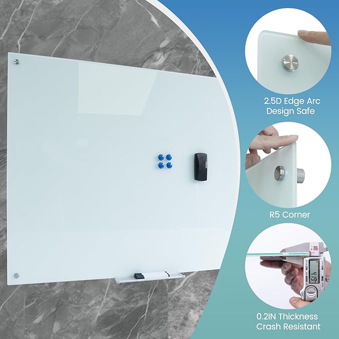 Magnetic Glass Whiteboard 36"X72" Dry Erase Board White Board Wall Mounted WritingBoard for Office School Home Accessory Tray 3 Dry Erase Marker 4 Glass Board Magnets and 1 Magnetic Eraser