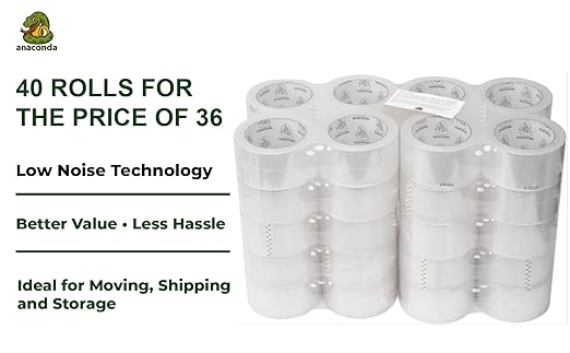 AnacondaGrip 40 Rolls Clear Packing Tape – Heavy Duty 2” Wide x 65 Yards per Roll, 2625 Total Yards | Shipping, Moving & Storage Box Sealing
