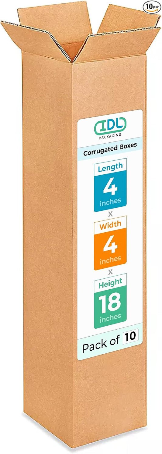 IDL Packaging B-4418-10 Tall Corrugated Shipping Boxes 4"L x 4”W x 18"H (Pack of 10) - Excellent Choice of Strong Packing Boxes for USPS, UPS, FedEx Shipping