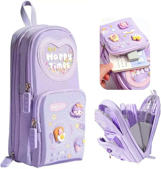 Large Capacity Kawaii Purple Pencil Case - Cute 3-Compartment Stationery Organizer for School Supplies, Office, and Travel | Ideal Gift for Students, Artists, and Art Lovers, Holds 50 Pens or Pencils