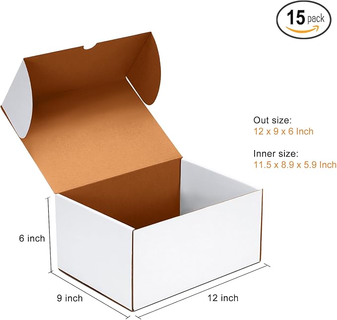 JOWLOT 12x9x6 inch Shipping Boxes Set of 15, White Corrugated Cardboard Box Literature Mailer for Mailing Packing Moving and Storage