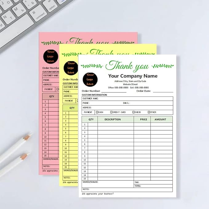 Custom Carbonless Sales Invoice Form Books for Small Business, Personalized NCR 3-Part Receipt Book with Carbon Copies, Cover Add Company Name, Address and Number Printed