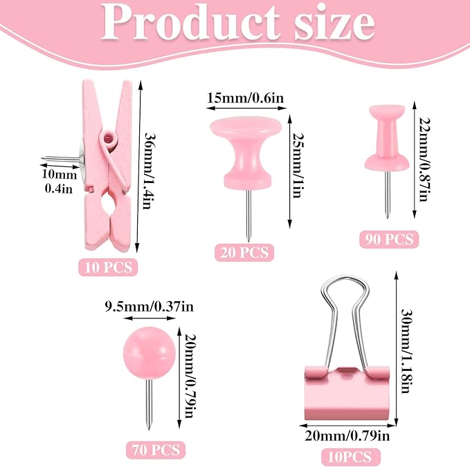 200 Pieces Push Pins Pink Thumb Tacks Cute Decorative Push Pins for Cork Board, 5 Style for Bulletin Boards Wall Maps Pictures Office