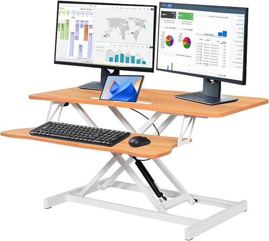 37 Inch Standing Desk Converter - Manual Pneumatic Spring, Two Monitor Stable Standing Desk Converter,5.9"To 18.8" Height Adjustable Laptop Workstation With Keyboard Tray For Home, Company(Log Color)