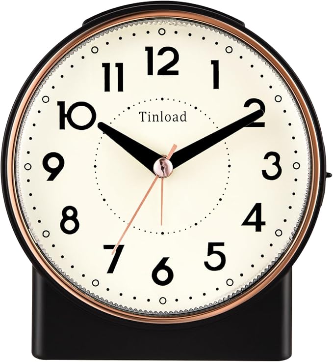 Tinload 4.3" Retro Analog Alarm Clock, Vintage Decor, No Ticking Silent, Easy to Set, Gradual Rise Alarm, On/Off Switch on Side, Gentle Wake, Snooze, Lighted on Demand, Battery Operated, Retro Black