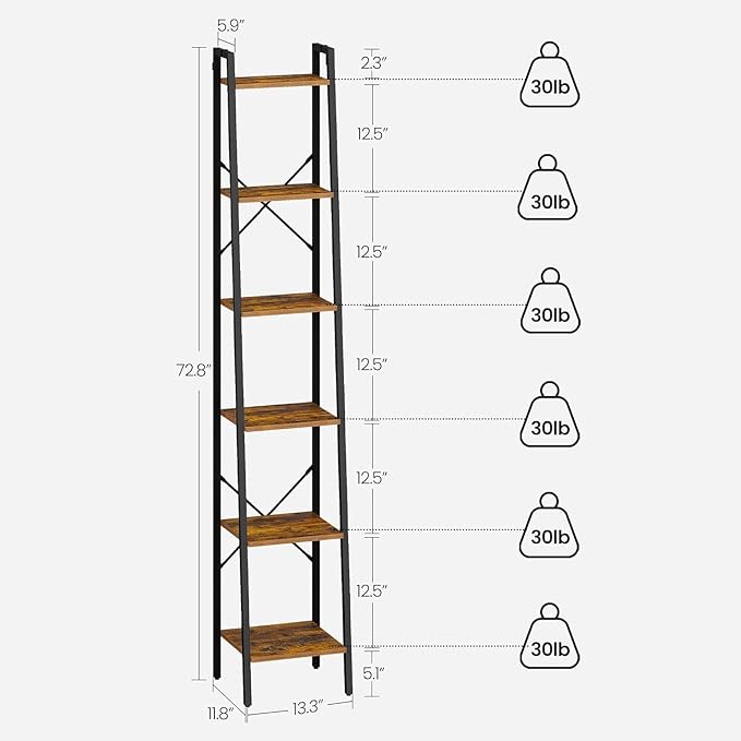 Hzuaneri Ladder Shelf, Bookshelf Bookcase, Freestanding Corner Storage Shelve with 2 Hooks for Home Office, Living Room, Kitchen, Bedroom, Industrial, 11.8"D x 13.4"W x 72.8"H, Rustic Brown BC13301B