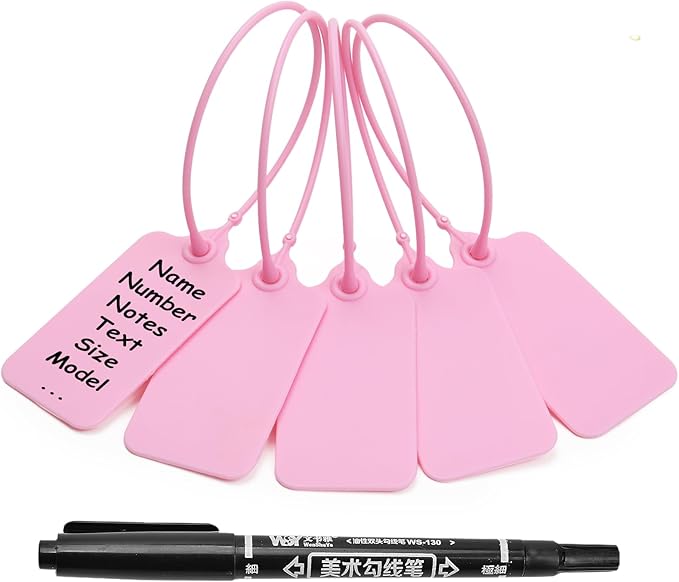50 Pink Blank Plastic Tags for Labeling Waterproof Hanging Labels Writable Tags Seal Plastic Marking Label for Clothes Bags Keys Inventory with One Marker Pen