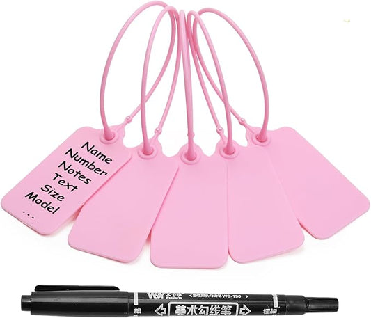 100 Pink Blank Plastic Tags for Labeling Waterproof Hanging Labels Writable Tags Seal Plastic Marking Label for Clothes Bags Keys Inventory with One Marker Pen