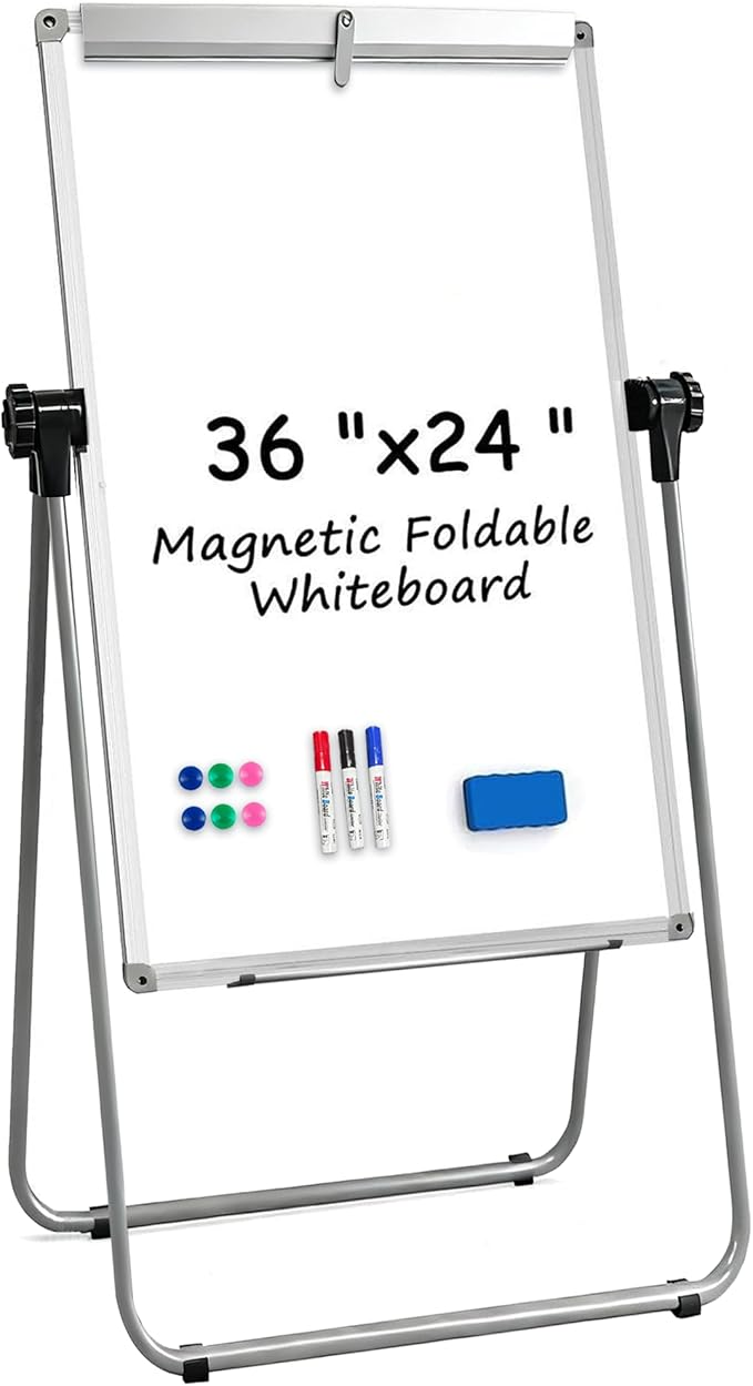 KIZZBY Double Sided White Board with Stand - 36" x 24" Portable Magnetic Flip Easel Whiteboard U-Stand Height Adjustable & 360° Rotation Dry Erase Board for Home Office Classroom