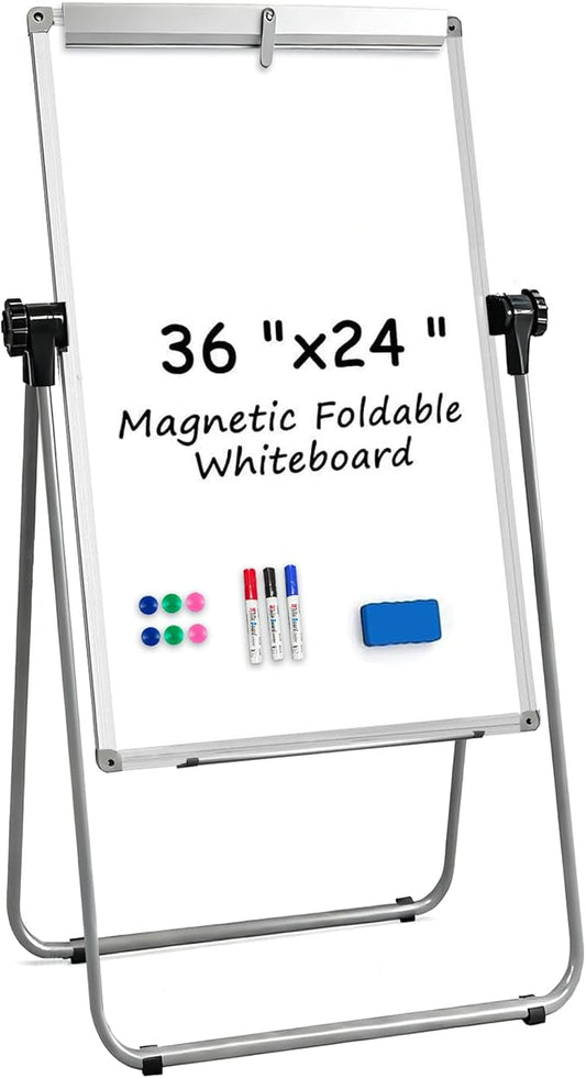 KIZZBY Double Sided White Board with Stand - 36" x 24" Portable Magnetic Flip Easel Whiteboard U-Stand Height Adjustable & 360° Rotation Dry Erase Board for Home Office Classroom
