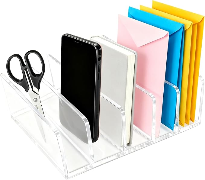 itechpanda Acrylic Mail Holder Clear File Sorter Desk Organizer Clean Desktop Vertical Desk Letter Sorter with 5 Compartments for Office Home Envelope Bill Document Notebook File Paper (Small)