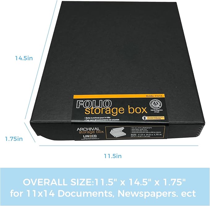 Lineco Folio Storage Box. Archival Clamshell with Metal Edge Boxboard, 11 x 14 x 1.75 Inches, Longevity Organize and Store Photos Documents Craft Cards Magazine Prints Wedding Dresses DIY, Black
