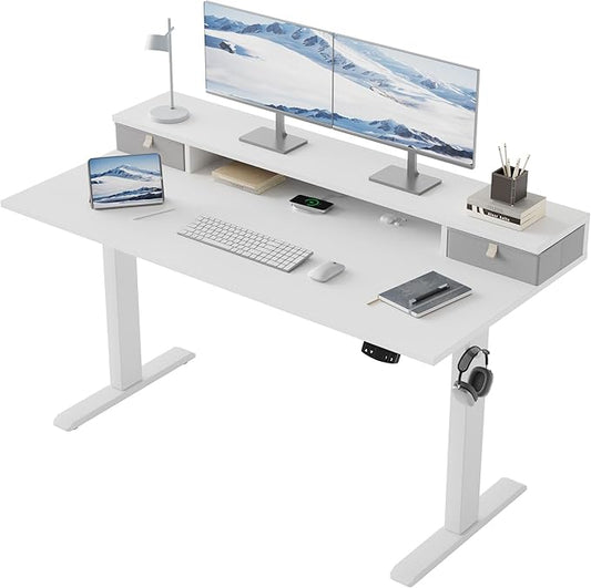 Klicelor 55 Inch Electric Standing Desk with Drawers, Adjustable Height Small Sit Stand Desk for Home Office, Compact Computer Workstation with Storage– White