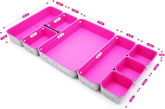 Welaxy Desk Drawer Organizer Tray Set, 8-Piece Office Drawer Organizers for Pens, Makeup, Keys, Crafts, Entryway Catchall, Decluttering Storage (Hot Pink)