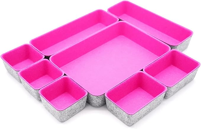 Welaxy Desk Drawer Organizer Tray Set, 8-Piece Office Drawer Organizers for Pens, Makeup, Keys, Crafts, Entryway Catchall, Decluttering Storage (Hot Pink)