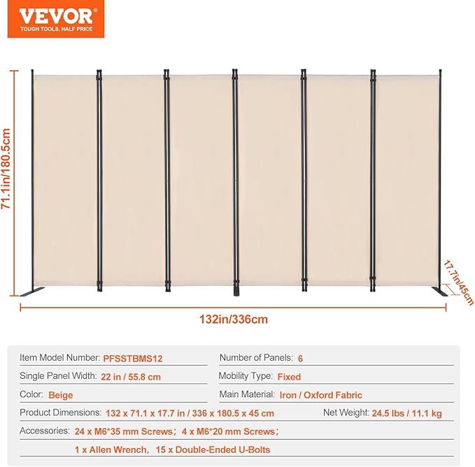 VEVOR Room Divider, 6 Panel Room Divider, Folding Privacy Screen and Portable Partition Divider for Room Separation, Freestanding Room Partitions for Office, Bedroom, Study, Beige