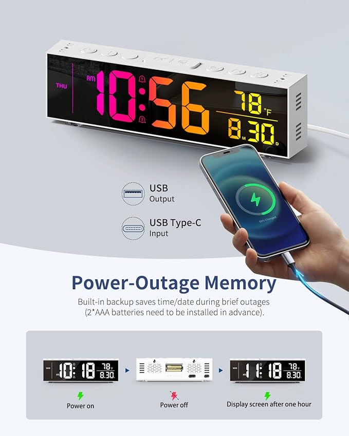 Digital Clock, Alarm Clock for Bedroom, Digital Wall Clocks for Classroom, Living Room Decor, Desk Clock Large Display, 13 Number Display Colors, 12 Ambient Light Colors, Auto Dimming, DST (White)