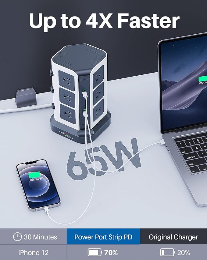 KOOSLA [65W] PD Power Strip Tower Surge Protector, USB C Desktop Charging Station with 12 Widely Spaced AC Outlets / 2 USB-C / 3 USB-A Ports, 6.5ft Heavy-Duty Extension Cord for Home Office Dorm