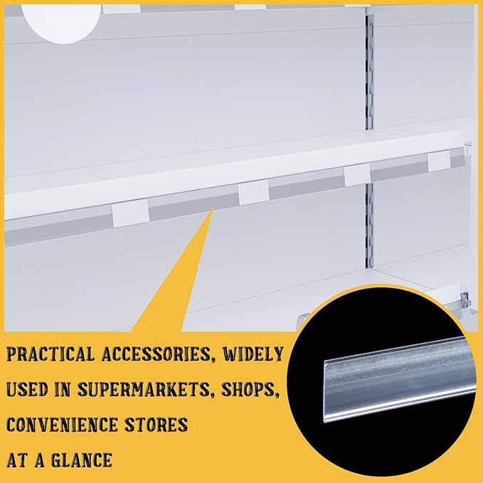 Fainne 25 Pcs Shelf Label Strips 1.25''H x 27 L Self Adhesive Shelf Label Holder Gondola Price Tag Stick on Plastic Clear Ticket Channel for Metal Wood Plastic Rack