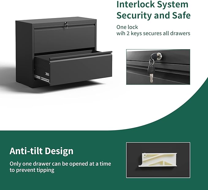 Yukimo 2 Drawer Lateral File Cabinet with Lock, Metal File Cabinets for Home Office Legal/Letter A4 Size, File Cabinet with 2 Drawer Storage Cabinet,Require Assembly,Black
