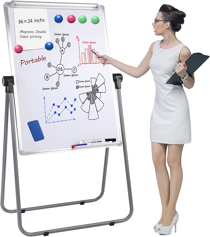Dry Erase Board with Stand, Double Sided Magnetic Whiteboard, 24 x 36 Portable Height Adjustable White Board with Aluminium Frame
