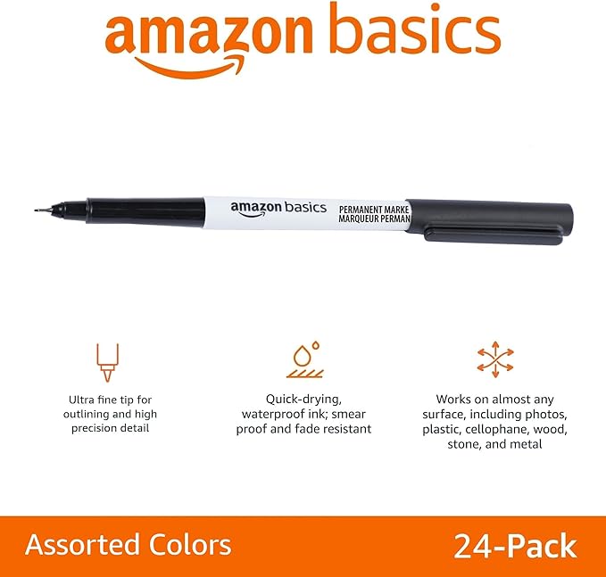 Amazon Basics Ultra Fine Point Permanent Markers, Assorted Colors, 24-Pack