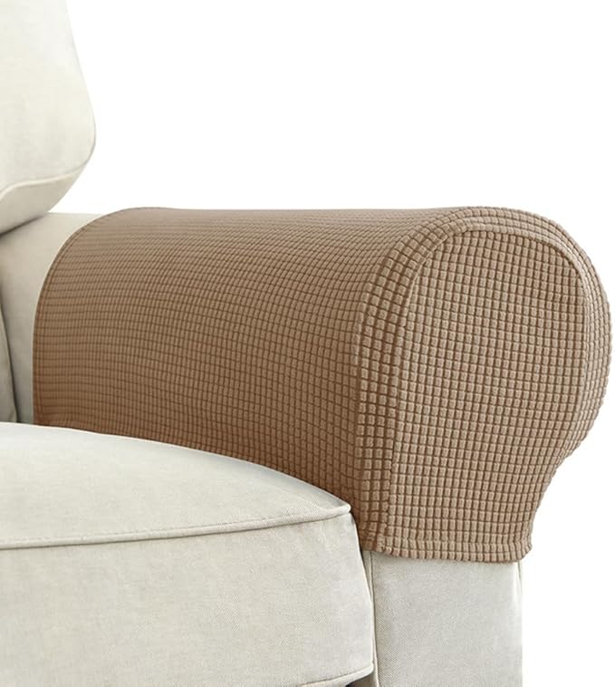 Chaexii Premium Polyester Sofa Arm Cover, Scratch Resistant Protector Covers, Washable, Elastic Armrest Covers for Square/Curved/Sloping Couch Armrests, 2Pcs (Lght Brown)