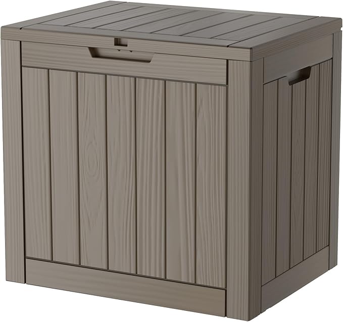 PATIOEASY Outdoor Storage Box 30GAL Waterproof Resin Deck Box,UV-Resistant Lockable Package Delivery Bin for Garden Tools,Small Patio Outside Cushions,Pool Accessories Supplies,Chest,Furniture,Brown