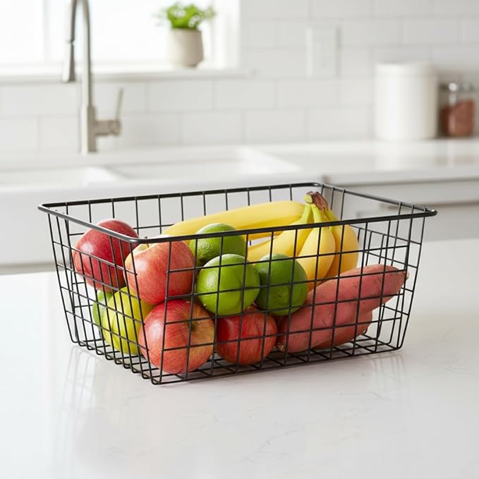 HDYOUDO Metal Black Large Wire Basket Food Storage Organizer,pantry organizers and storage for Organizing Kitchen Cabinets potato onion, 2 Pack