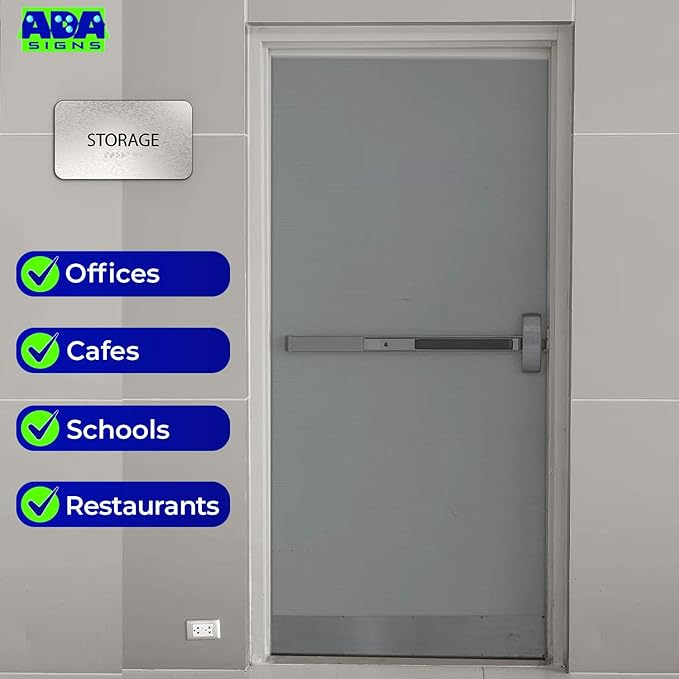 ADASigns Storage Room Sign 7”x4” - Durable Brushed Aluminum with Grade 2 Braille - Easy Installation with Strong Adhesive Tape - ADA Compliant Storage Signs for Business, Restaurants & Offices