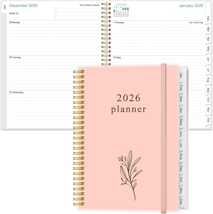 2026 Planner - Planner 2026 from January 2026 to December 2026 with 12 Monthly Tabs, Flexible Cover, Inner Pocket, 8.5" x 11", Pink