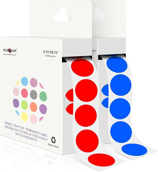 PARLAIM 2 Rolls 2000PCS 3/4" Round Circle Color-Code Dot Stickers,2 Color Style Colorful Coding Label Sticker for Home Office Classroom (Red +Blue)