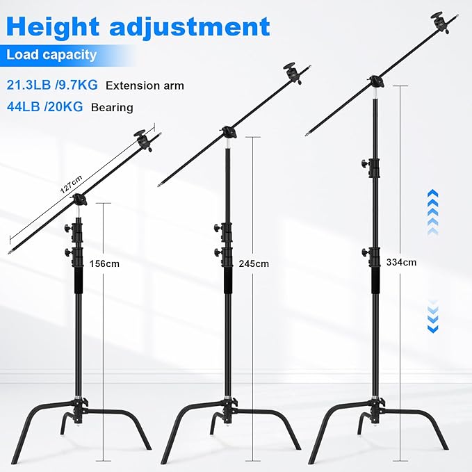 soonpho Heavy Duty C Stand with Boom Arm,Black Stainless Steel Tripod Base Adjustable Photography Light Stand with Grip Head/Sand Bag for Lighting,Overhead Shooting,Reflector,Softbox,Umbrella...