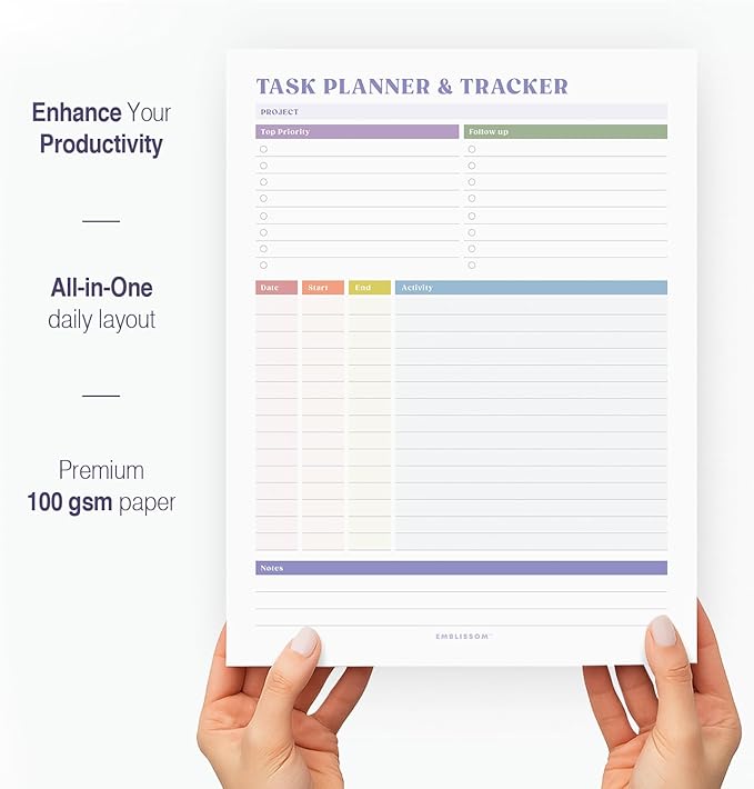 Task Planner & Tracker 8.5 x 11 Tear-Off 70 Sheet Planner Pad – Project Organizer with Time Log, Top Priority, Follow-Up – Notepad for Home & Office (White, Colorful, 2 Pack)