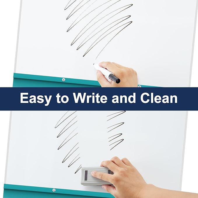 TSJ OFFICE Rolling Whiteboard Standing - 40 x 26 Inches Magnetic Mobile White Board with Stand, Height Adjustable Dry Erase Board on Wheels with Paper Clamp on Top, Blue