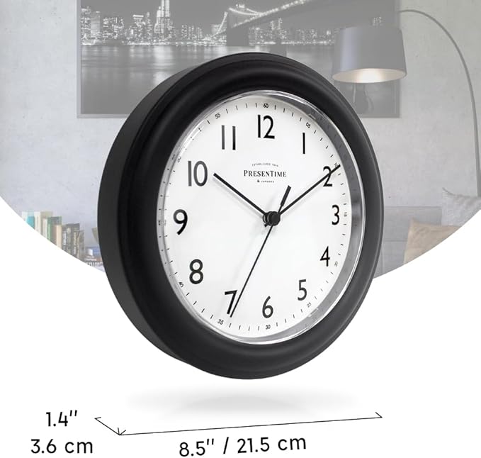 Presentime & Co. 8.5" Modern Farmhouse Essential Wall Clock, Silent Non Ticking, Black Color. (Wall Clock for Office, Home, Bathroom, Kitchen, Bedroom, and School)