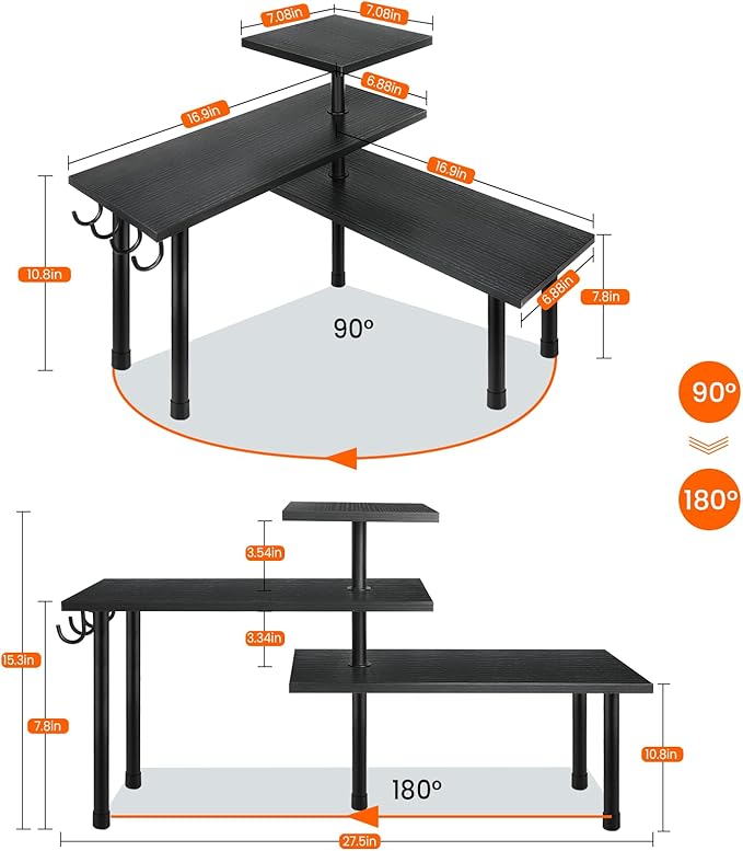 Homode Bathroom Counter Organizer Corner Shelf, Kitchen Countertop Organizer, 3 Tier Wood Counter Shelf Stand for Over The Sink, Coffee Station, Desktop, Black