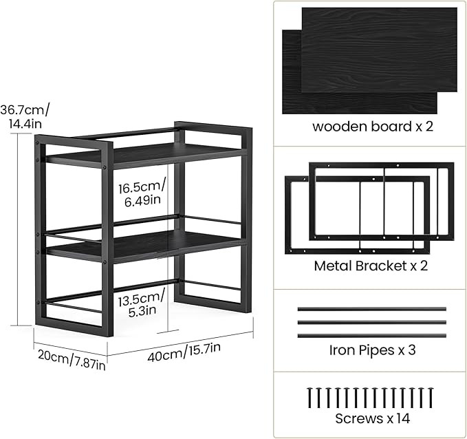 ART-GIFTREE Office Desk Shelf Organizer, Wood Desktop Bookshelf Supplies Storage Rack, Shelf for Top of Desk and Dresser (Pure Black-2 Tier)