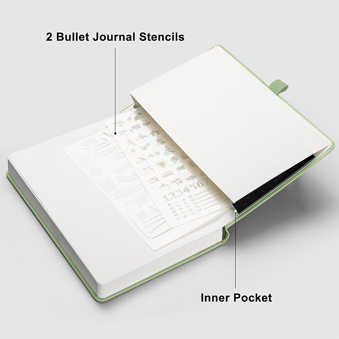 RETTACY Bullet Dotted Journal Notebook, 320 Numbered Pages, A5 Medium Size (5.7'' × 8.3''), Leather Hardcover, 100 GSM Thick Paper, for Bullet Journaling, Planning, Tracking (Light Green)