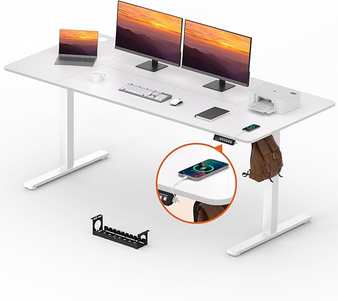 FitStand Standing Desk, Large 71x31 Inches Height Adjustable Stand Up Desk with Cable Management, Home Office Computer Desk with Memory Preset with Charging USB Port & Sedentary Reminder